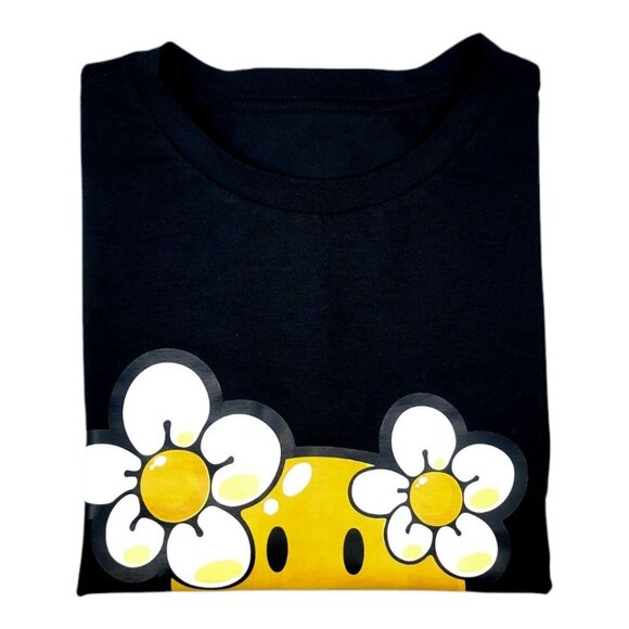 XL Smiley Face & Daisy Graphic Black T-Shirt Short Sleeve Cotton Casual Crewneck - Picture 5 of 9